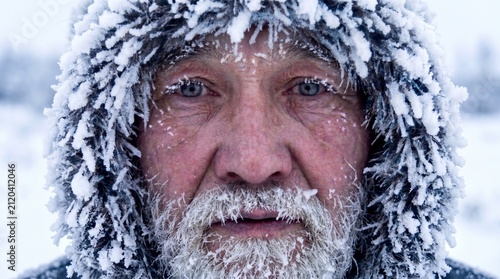 Primer plano explorador polar barba hielo mirada directa
