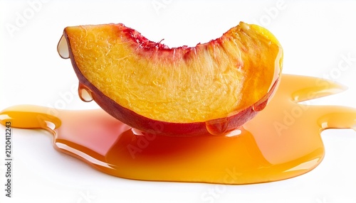 Slice Of Peach Fruit And Peach Juice Dripping From It On A White Background File Includes Clipping Path