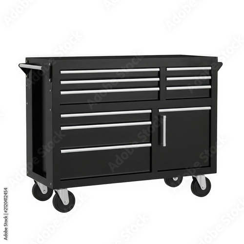 Black rolling metal tool chest cabinet with multiple drawers and sturdy wheels for garage workshop storage isolated on transparent background , PNG