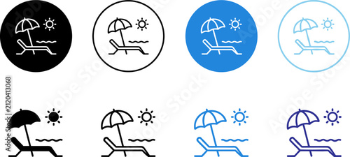Photography Set of beach chair and umbrella icons, summer vacation symbols, sunbathing and r