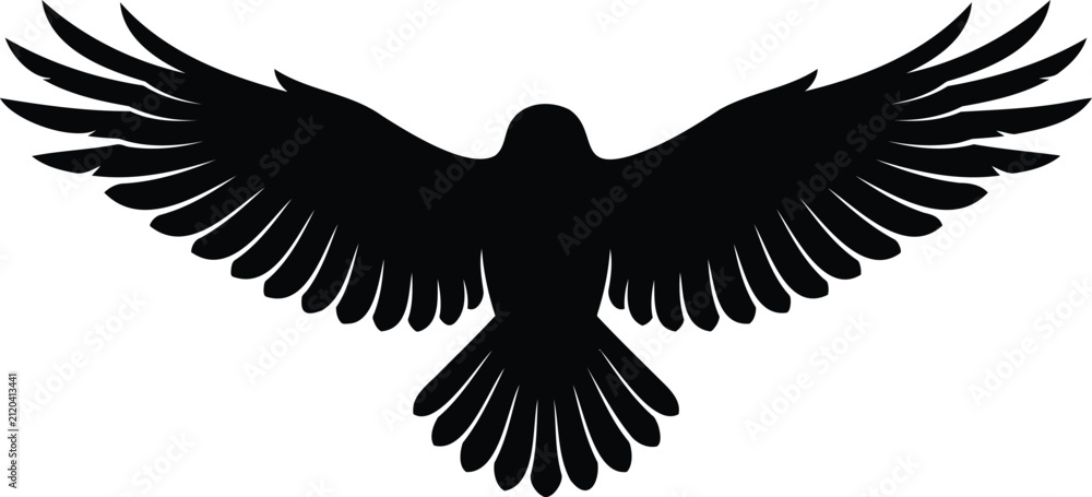 Naklejka premium Black raven silhouette with outstretched wings against white background, black silhouette bird