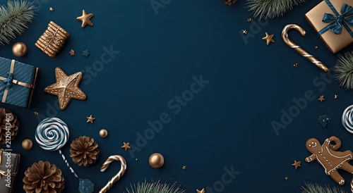 Festive holiday arrangement of gifts, stars, pinecones, and candy on deep blue
