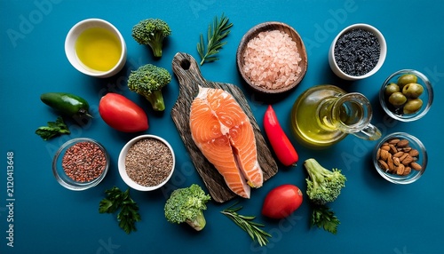 Flat Lay Of Natural Anti Inflammatory Diet Ingredients Such As Salmon Olive Oil And Vegetables Wellness Background