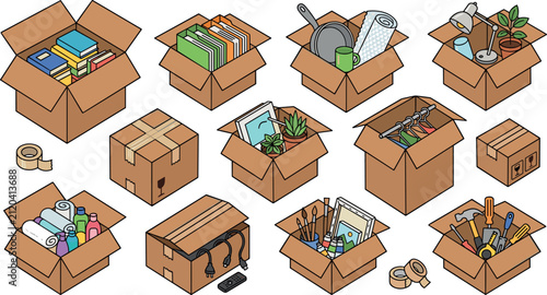 Isometric Cardboard Moving Box Vector Icon Set Featuring Packed Household Items, Books, Kitchenware, Clothes, Tools, Art Supplies, and Relocation Packing Materials