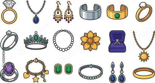 Luxury Jewelry and Precious Accessory Vector Icon Set Featuring Diamond Rings, Gold Necklaces, Gemstone Earrings, Tiara, Bracelets, and Gift Box Designs