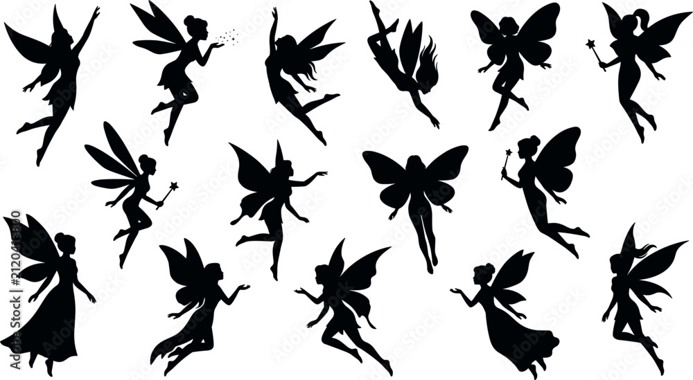 Fototapeta premium Beautiful Fairy Silhouette Vector Icon Set Featuring Flying Mythical Pixies, Butterfly Wings, Magic Wands, and Fairytale Dust for Fantasy Designs