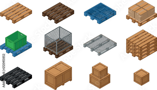 Isometric Wooden and Plastic Pallet Vector Icon Set Featuring Warehouse Cargo Boxes, Metal Crates, Shipping Containers, and Logistic Storage Platforms
