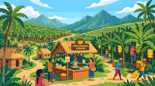 Tropical plantation village people harvesting fruit food stall