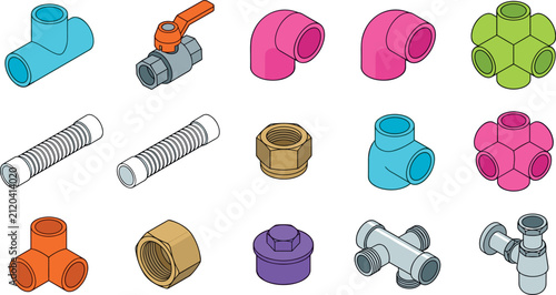 Isometric Plumbing Fittings and PVC Pipe Connector Vector Icon Set Featuring Valves, Elbows, Couplings, Tees, Adapters, and Brass Hex Nut Hardware Designs