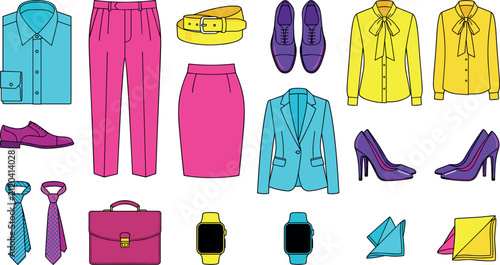 Corporate Business Attire and Professional Office Fashion Vector Icon Set Featuring Suits, Blouses, Trousers, Skirt, Heels, Ties, Briefcase, and Formal Accessories