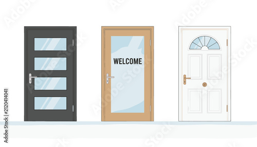 Three stylish designs of modern front doors featuring a black glass panel door, a welcoming wooden door, and a classic white door.