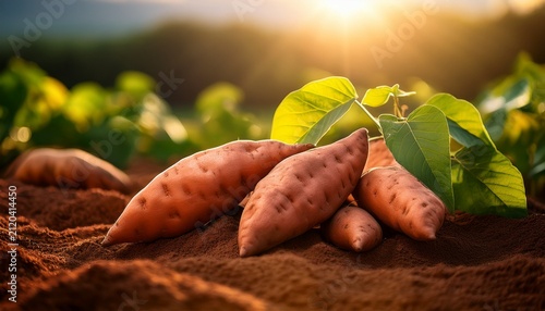 Freshly Harvested Sweet Potatoes Glistening In Sunlight With Vibrant Green Leaves Resting On Fertile Brown Earth Ready For Your Healthy Recipes