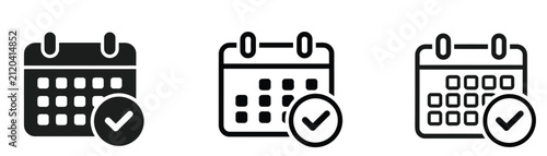 Calendar Check Icon Set vector. Planning, scheduling, completed tasks, reminders, appointments, and event management symbols for business, office, and productivity applications.
