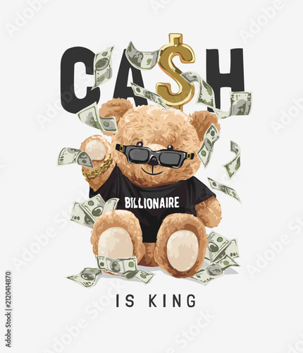 cash slogan with bear doll in black tee vector illustration