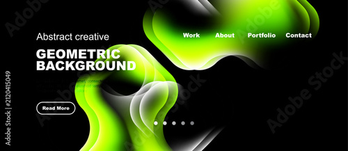 Dynamic design features vibrant green, white shapes. Text elements include work, about, portfolio, contact. Button invites further exploration.