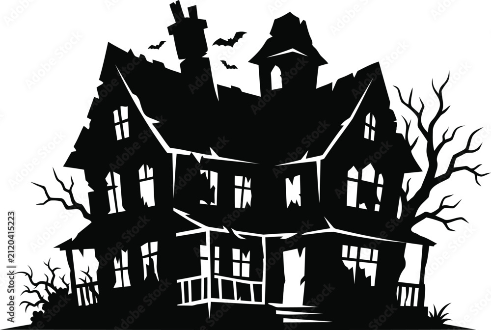 Naklejka premium Black silhouette of a haunted victorian mansion with gnarled trees and a full moon backdrop, haunted house