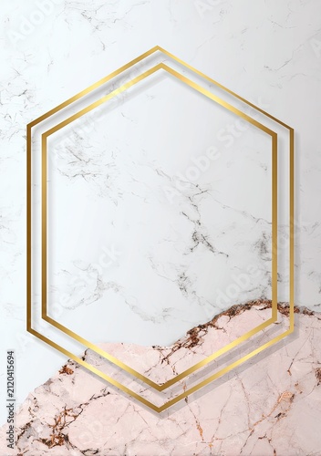Geometric gold frame overlaying a marbled backdrop, white & rose