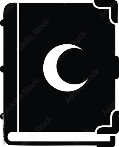 Black silhouette of an open book with a crescent moon symbol on a white background