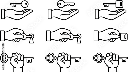 Hand holding key vector icon set with outline illustrations of giving receiving and gripping keys for security house real estate concept isolated on white background