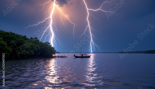 A dramatic night scene with a large bolt of lightning crossing over a body of water, illuminating the area below