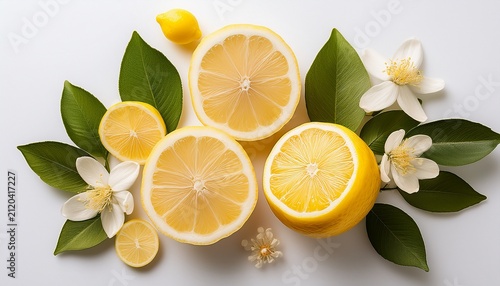 Bright Yellow Lemons Slices And Blossoms On A White Background