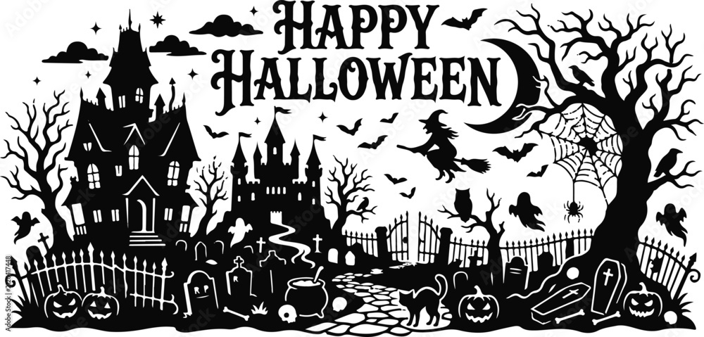 Naklejka premium Black and white illustration of a haunted house and graveyard with a happy halloween greeting in the sky