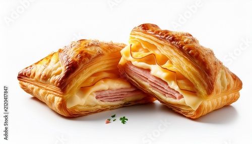 Flaky And Golden Brown Puff Pastry With Ham And Cheese Isolated On A White Background