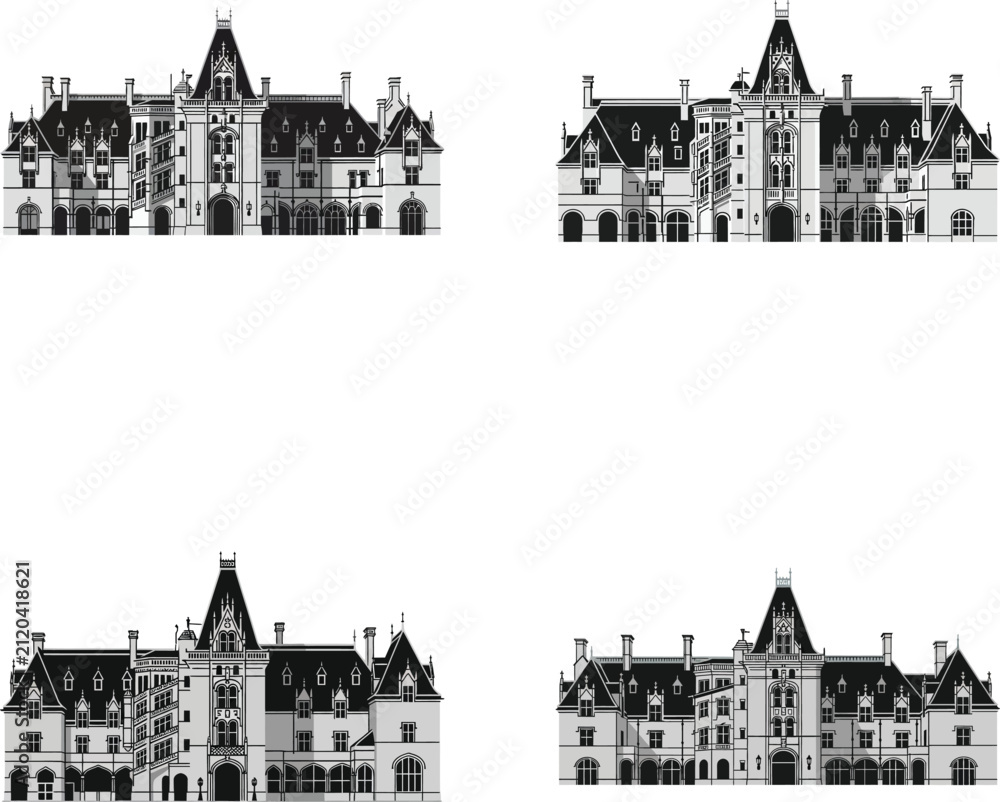 Fototapeta premium Set of four detailed french chateau architecture illustrations with architecture building exterior