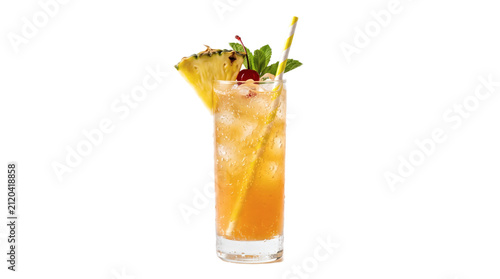 Refreshing tropical pineapple cocktail garnished with fresh mint sprig and maraschino cherry in tall glass with against white background filled ice pineapple