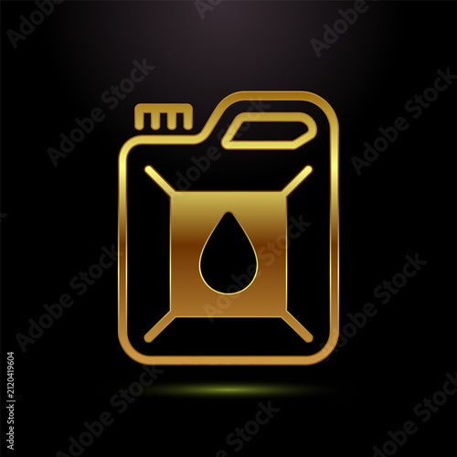 Shiny golden gallon jerrycan icon with liquid droplet. symbol of oil, fuel, gas, petrol.