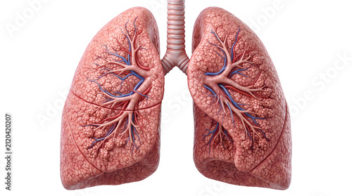 Healthy human lungs with detailed alveoli structure and bronchial tubes in medical illustration