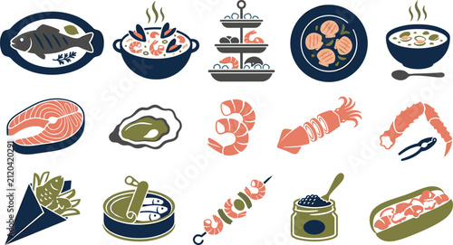 Seafood Cuisine Icon Collection Featuring Salmon Shrimp Oyster Squid Caviar Sushi Fish Soup and Fresh Marine Food Vector Illustration Set
