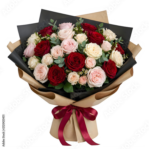A beautiful bouquet of red and pink roses wrapped in paper isolated on transparent background