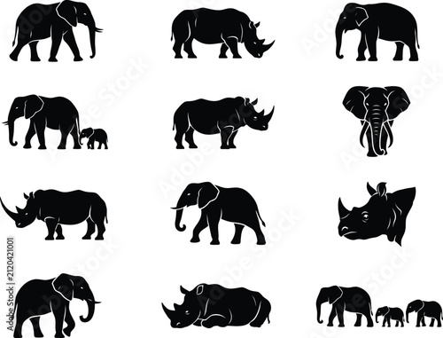 Elephant and Rhinoceros Silhouettes Vector Icons Collection for Safari Design