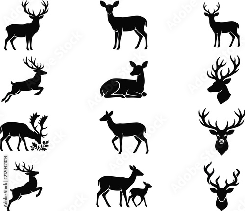 Deer Stag Doe and Fawn Silhouettes Vector Icons Collection for Wildlife Design