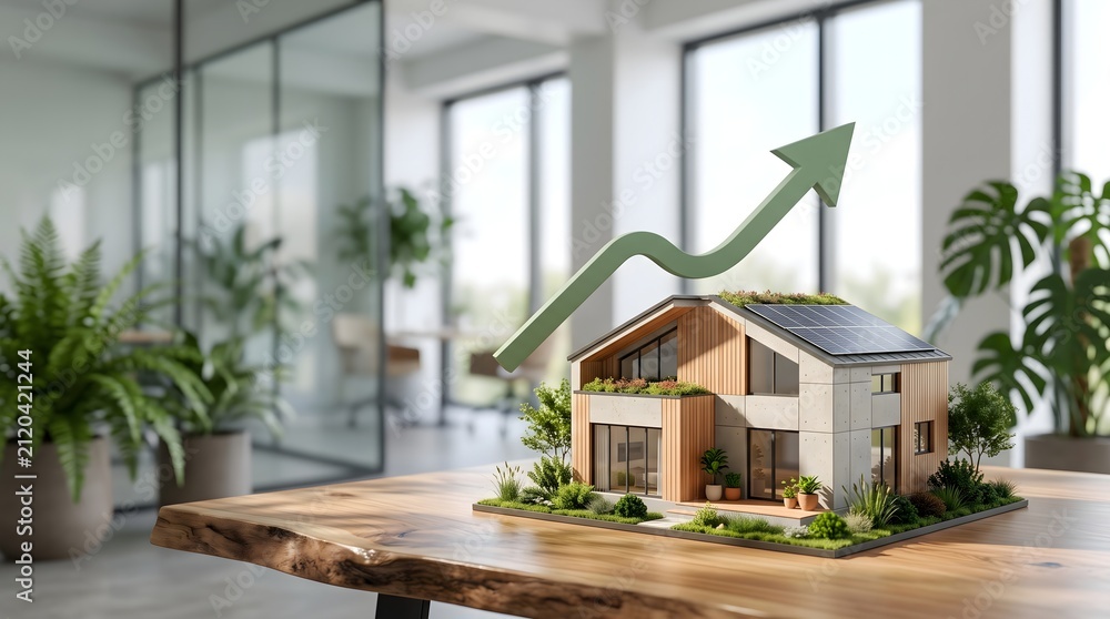 Fototapeta premium Eco friendly house model with solar panels beneath an upward arrow representing sustainable property growth