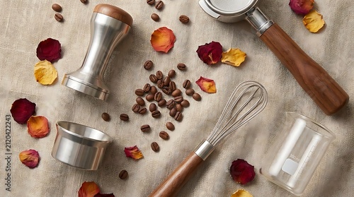 Coffee tools flat lay with rose petals.