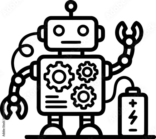 Canvastavla Cute cartoon robot with gears and battery, vector illustration