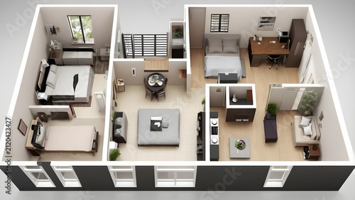 Modern 3D floor plan apartment rendering with living room, two bedrooms, and open concept kitchen. Contemporary interior design and architectural layout.