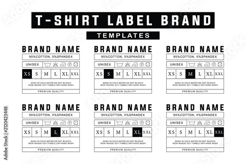Set of six customizable tshirt clothing label templates with size indicators