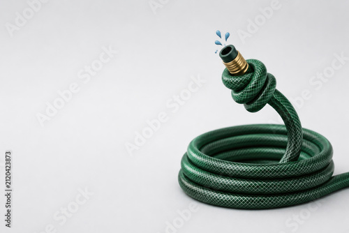 Green garden hose knots around its leaking nozzle. Space for text.