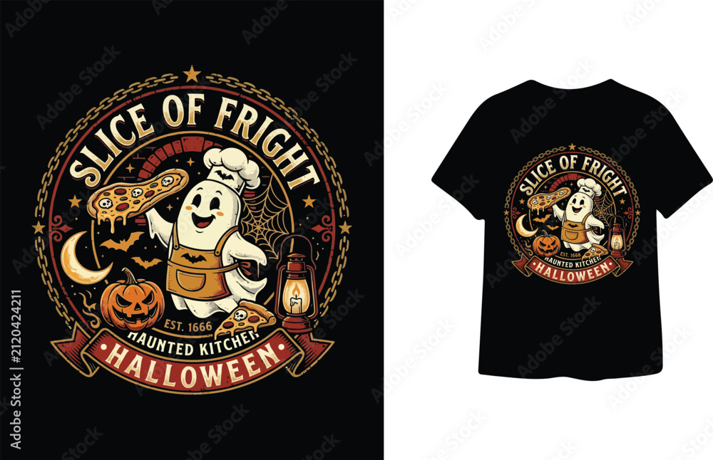 Fototapeta premium Slice of Fright Haunted Kitchen Ghost Pizza Halloween T Shirt Design
