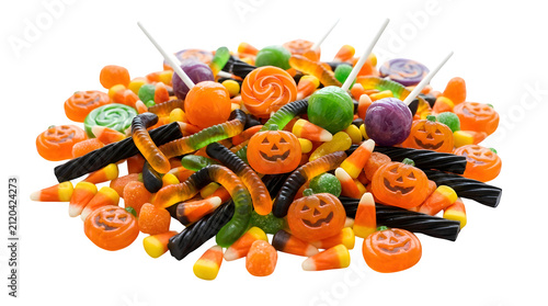 Vibrant Halloween candy assortment, a festive collection of sweet treats, colorful lollipops, gummy worms, and candy corn, perfect for holiday celebrations and trick-or-treating. isolated on