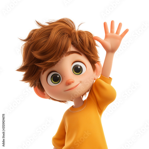 Animated cartoon boy waving cheerfully with curly hair and yellow sweater