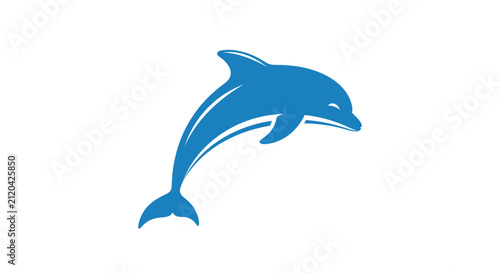 A simple blue silhouette of a jumping dolphin on a white background