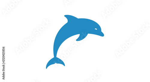 A simple blue silhouette of a jumping dolphin on a white background