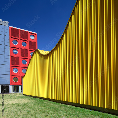 Colorful buildings in Belval, a post-industrial city built on the site of an old steel factory.