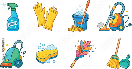 Cuadro en lienzo Cleaning Service and Housework Equipment Icon Set Featuring Spray Bottle Gloves