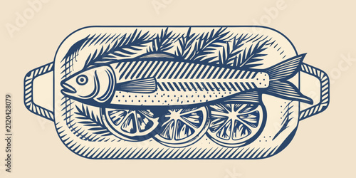 Konstfotografi Prepared fish on a platter blue line art illustration