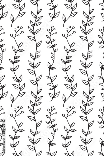 A seamless black and white pattern design featuring delicate botanical elements